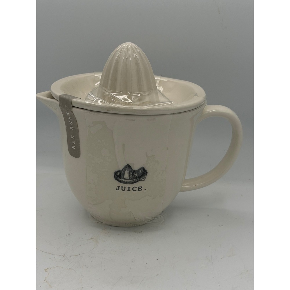 Rae Dunn Ceramic Citrus Juicer Reamer Pitcher Set Cream White JUICE Graphic
